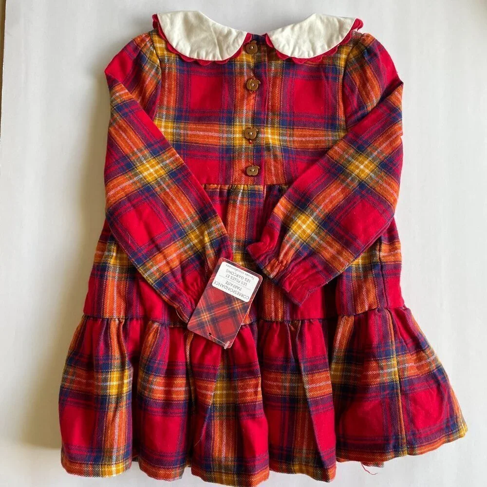 NEW Tahari Baby Girl Fall Apple Plaid Peter Pan Collar Dress - Size 12 Months